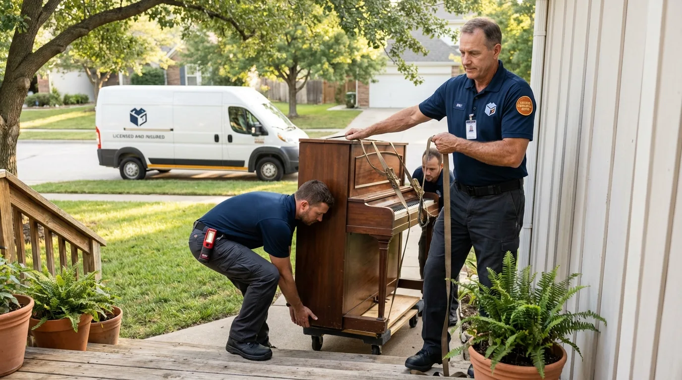 Licensed piano movers securing grand piano in Newport, NC