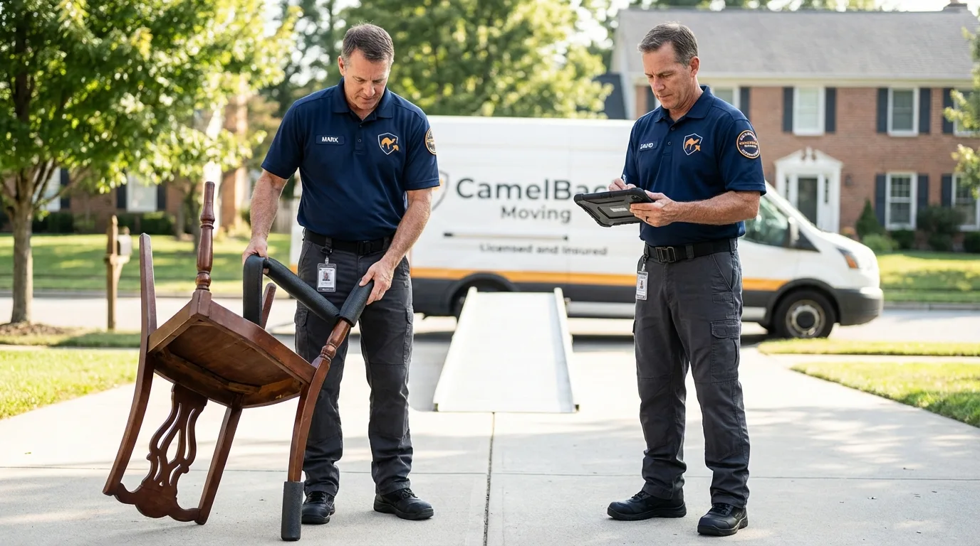 Movers inspecting furniture for damage prevention before loading in Newport, NC