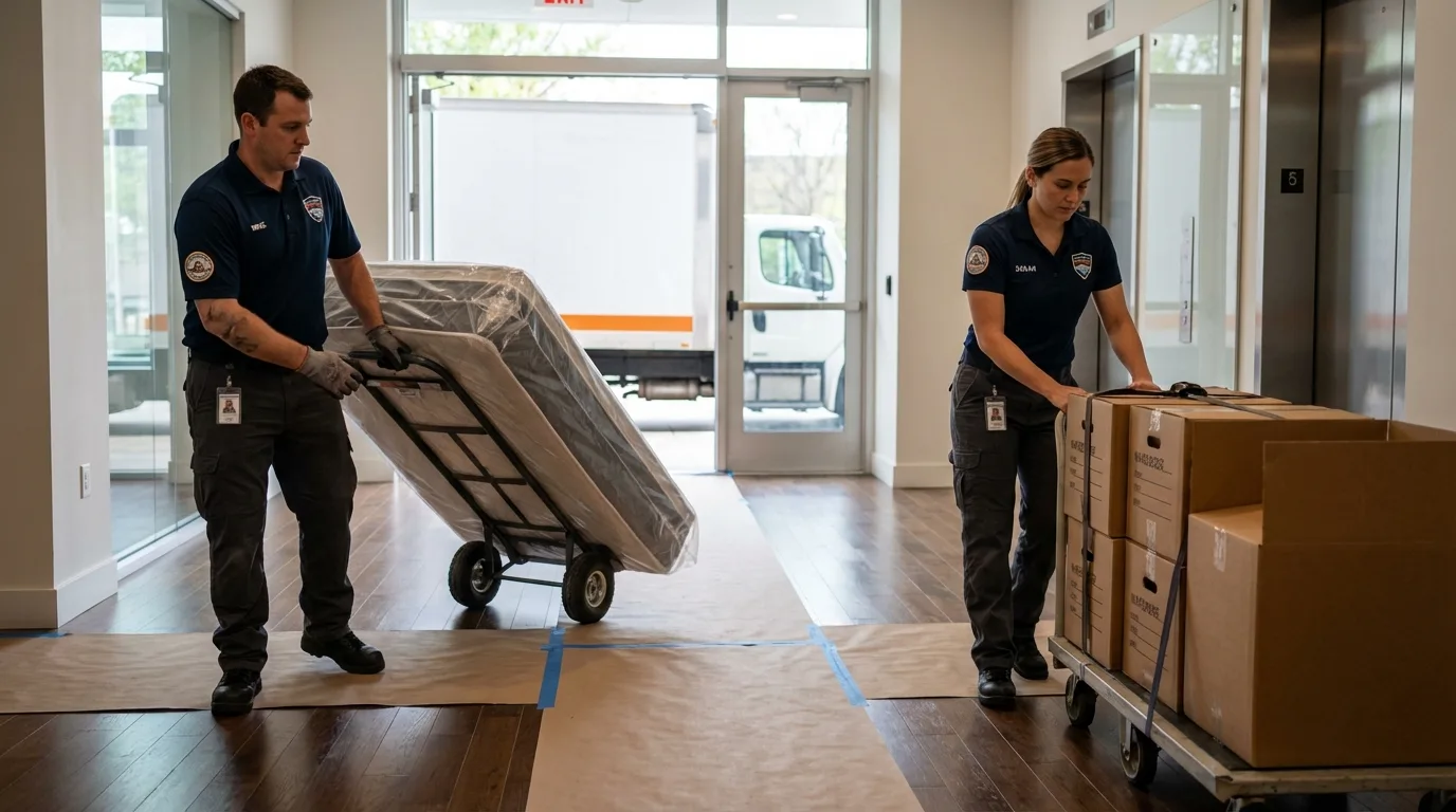 Professional apartment movers loading elevator in Newport, NC